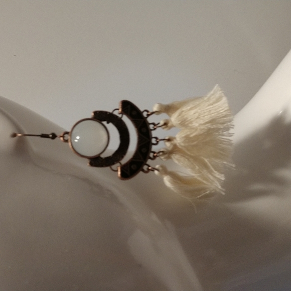 Moonstone Tassel Fishhook 3.5" Earrings Boho Aztec Cream Copper Color - Picture 5 of 7